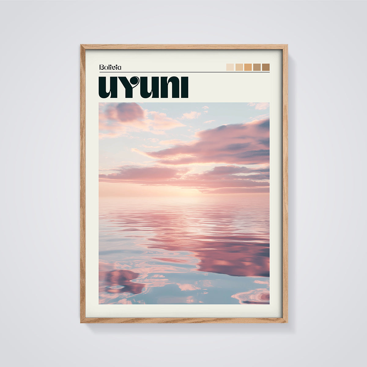 Bolivia Uyuni Sunset Reflection Print framed in oak on a grey background