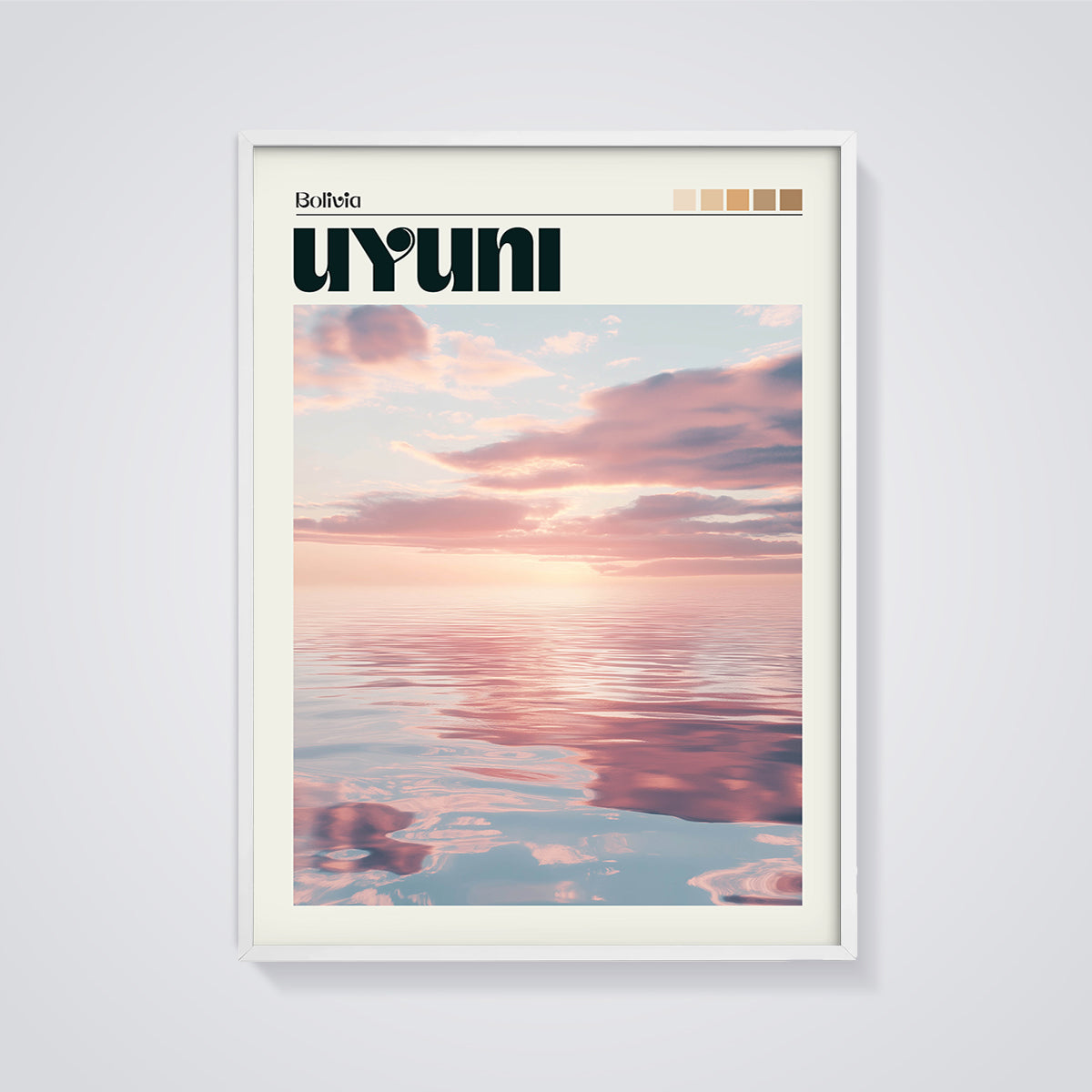 Bolivia Uyuni Sunset Reflection Print framed in white on a grey background