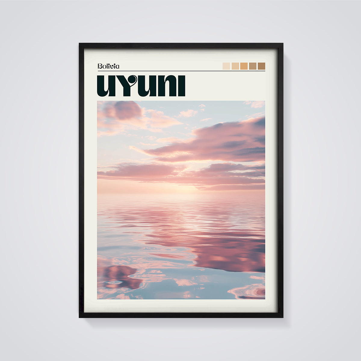 Bolivia Uyuni Sunset Reflection Print framed in black on a grey background