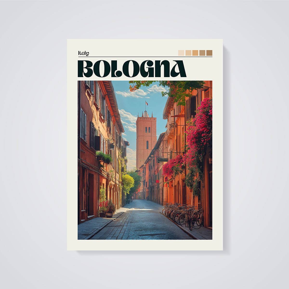 Bologna Tower Street Print unframed on a grey background