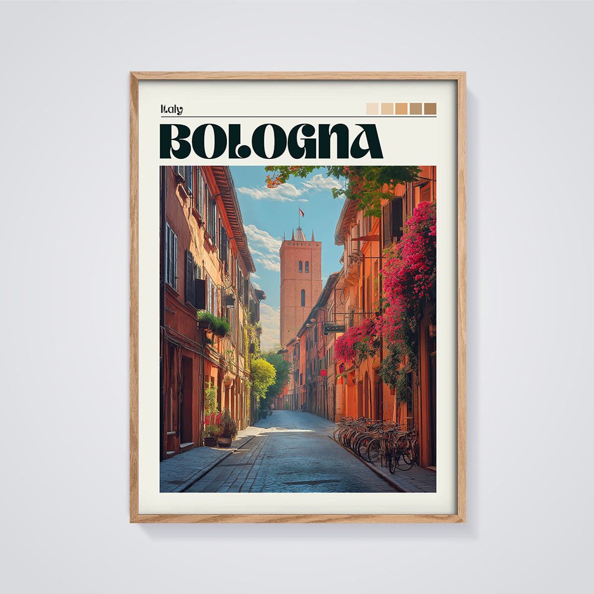 Bologna Tower Street Print framed in oak on a grey background