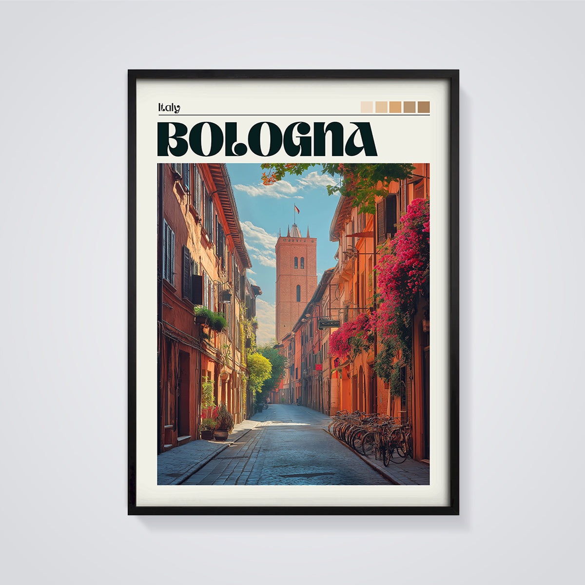 Bologna Tower Street Print framed in black on a grey background