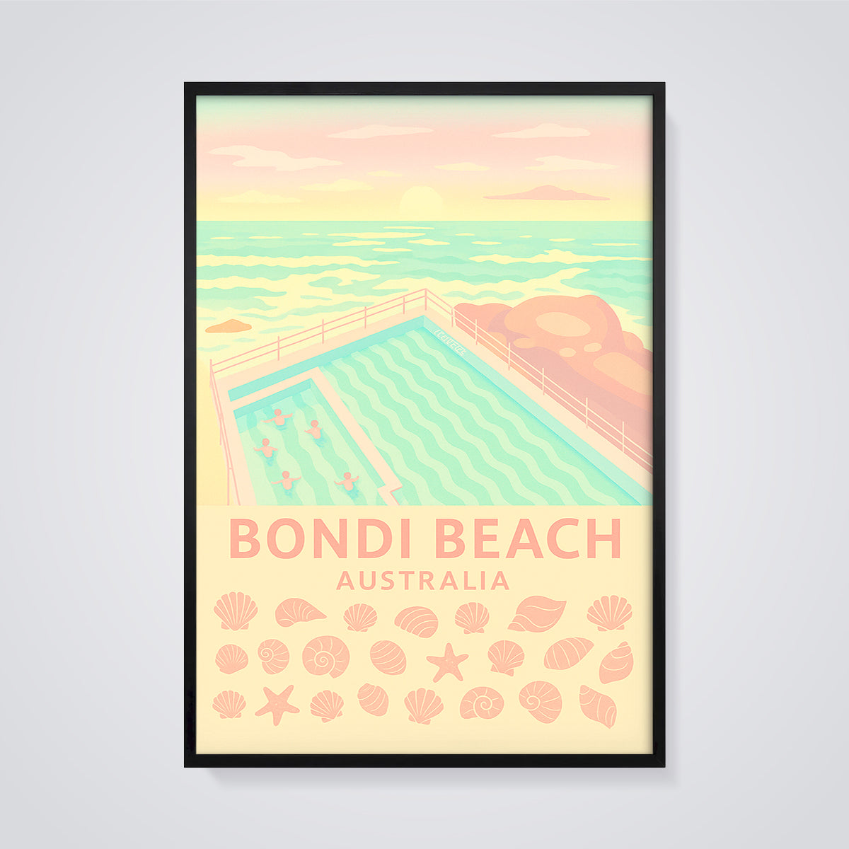Bondi Beach Icebergs Pool Print Aesthetic framed in black on a grey background