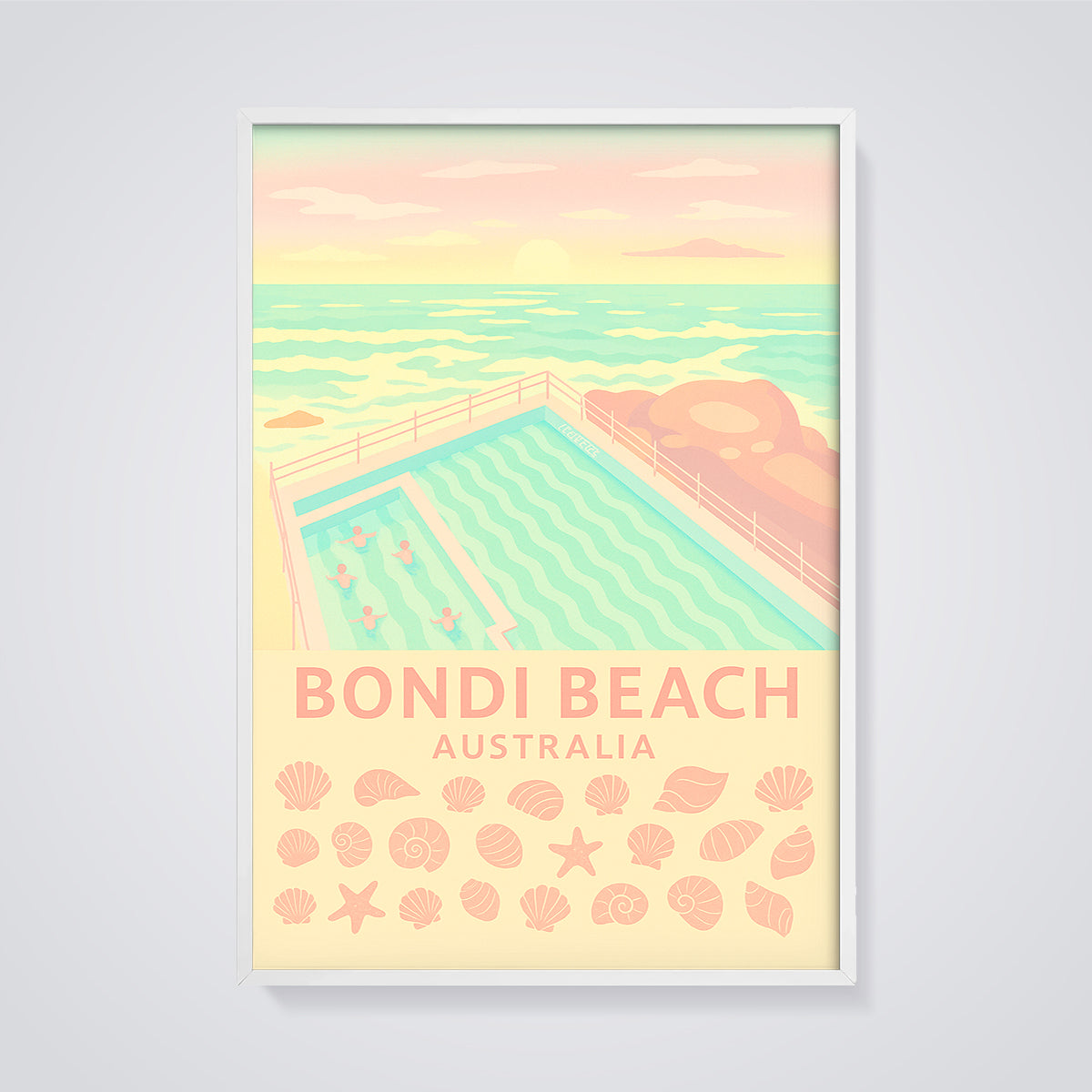 Bondi Beach Icebergs Pool Print Aesthetic framed in white on a grey background
