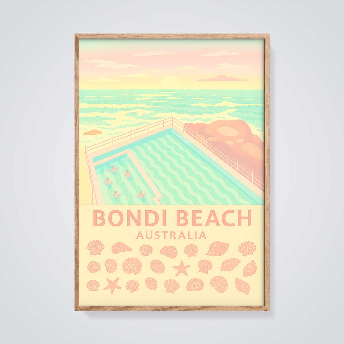 Bondi Beach Icebergs Pool Print Aesthetic framed in oak on a grey background