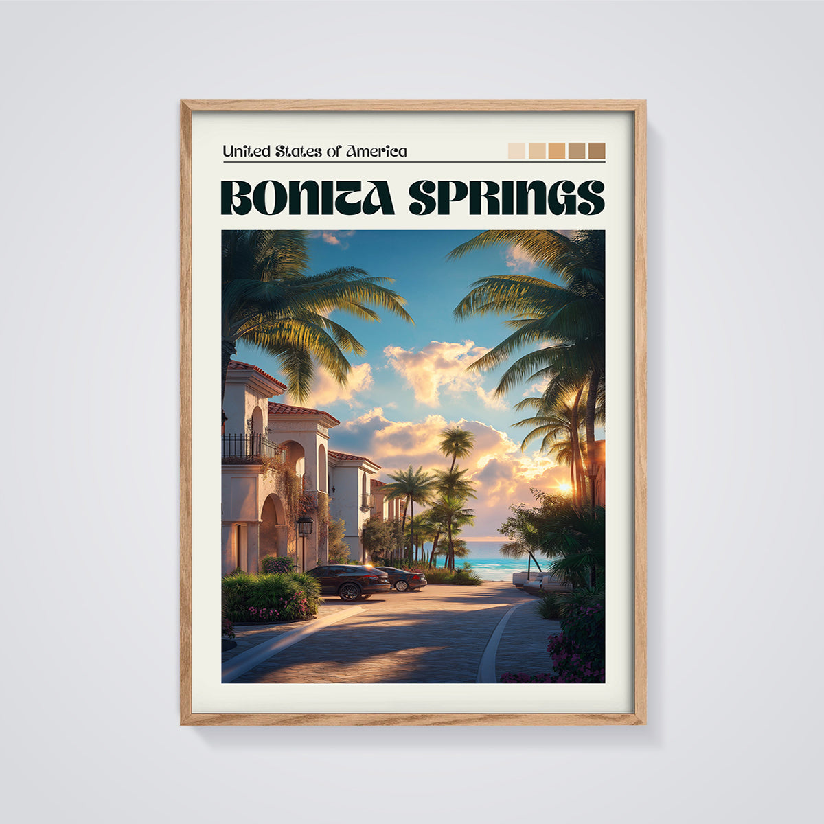 Bonita Springs Coastal Sunset Print framed in oak on a grey background