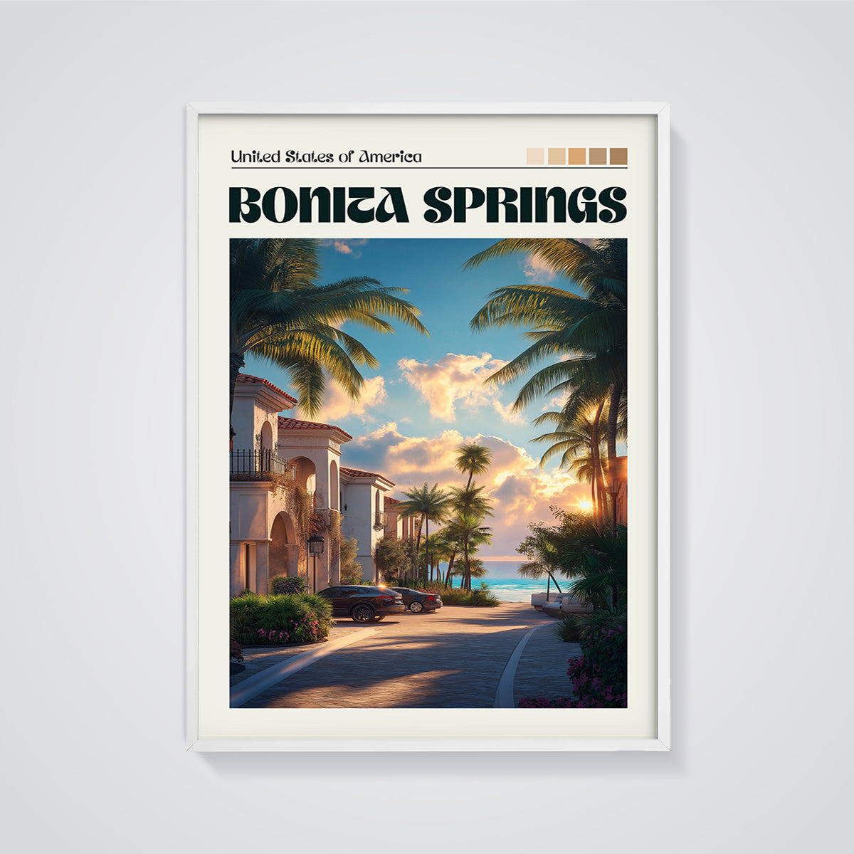 Bonita Springs Coastal Sunset Print framed in white on a grey background