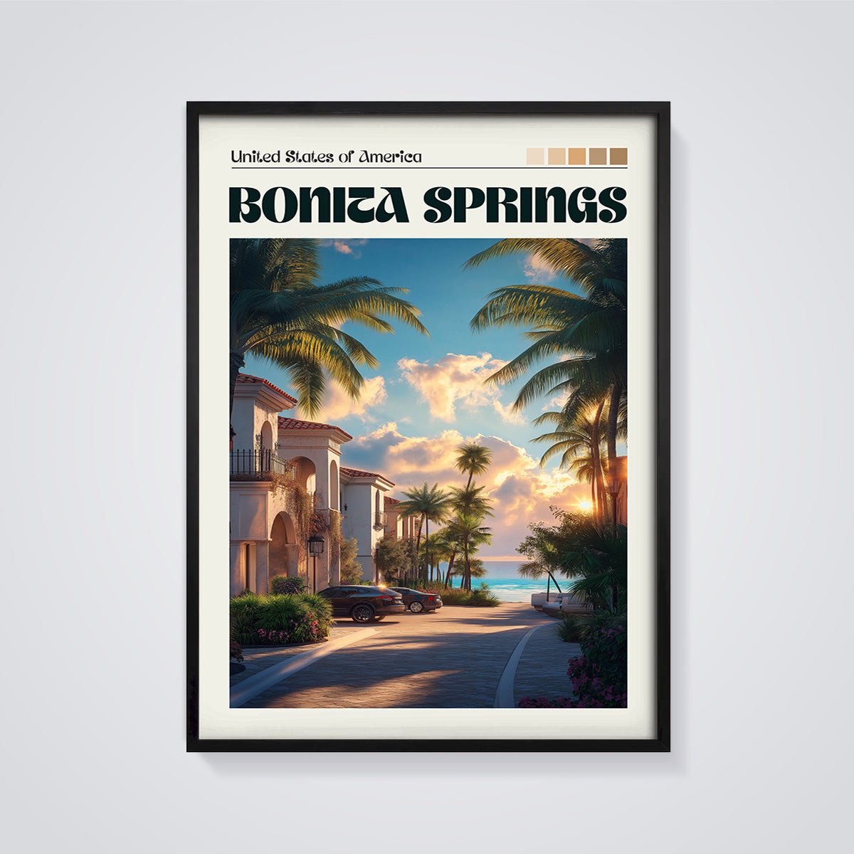 Bonita Springs Coastal Sunset Print framed in black on a grey background