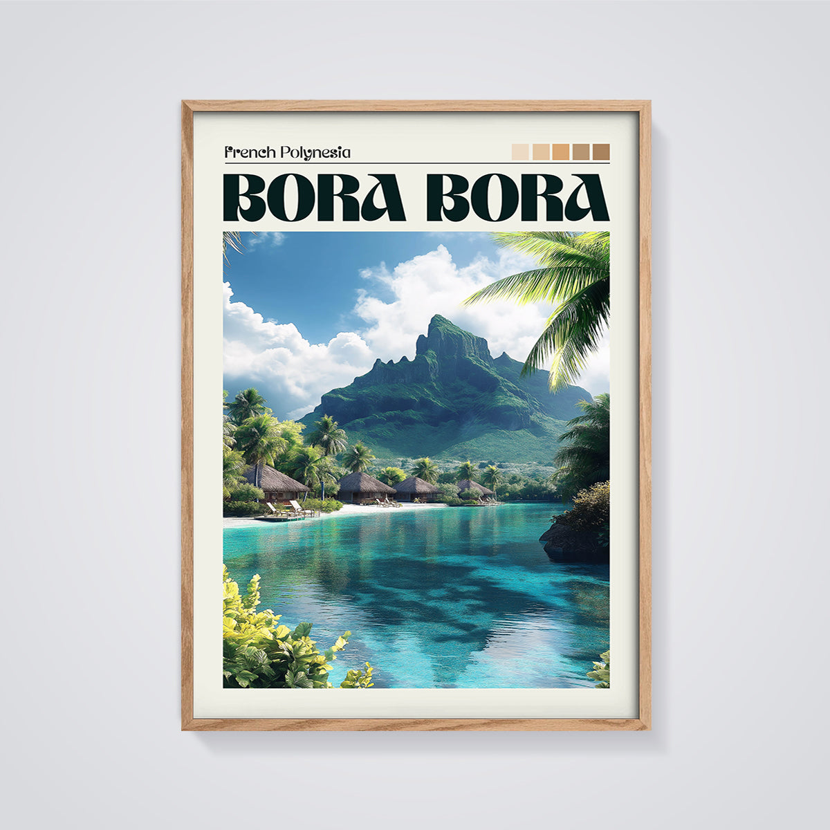 Bora Bora Tropical Paradise Print framed in oak on a grey background