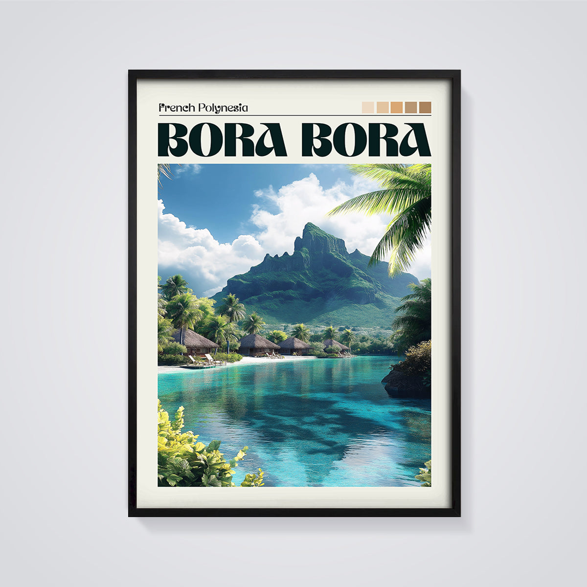 Bora Bora Tropical Paradise Print framed in black on a grey background