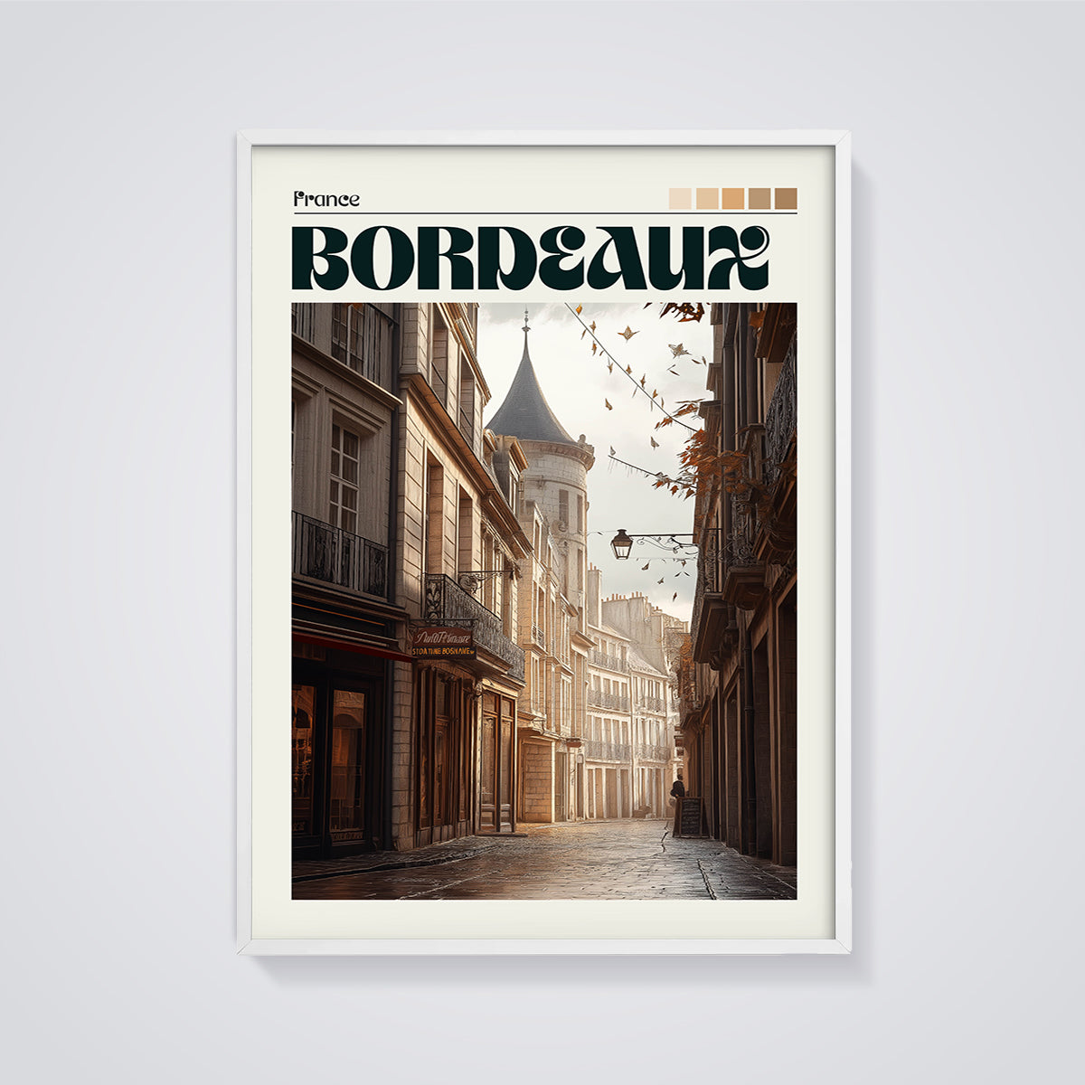 Bordeaux France Street Print framed in white on a grey background