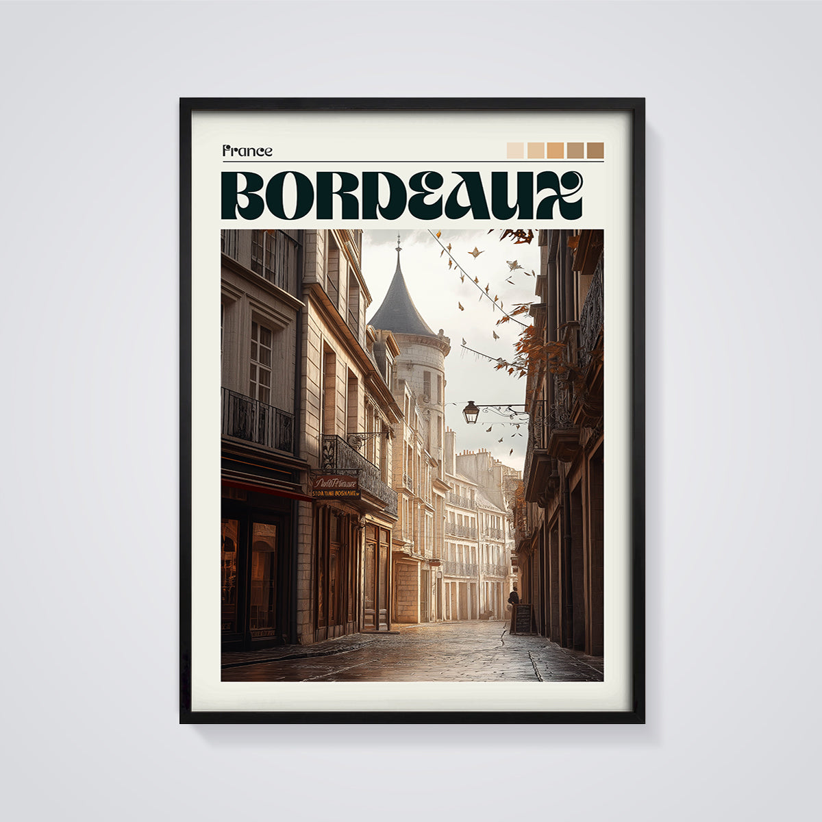 Bordeaux France Street Print framed in black on a grey background