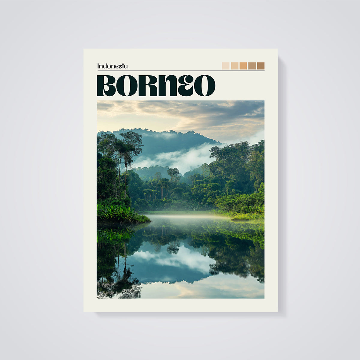 Borneo Misty Jungle Lake Print unframed on a grey background