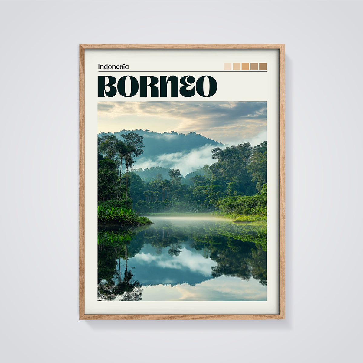 Borneo Misty Jungle Lake Print framed in oak on a grey background