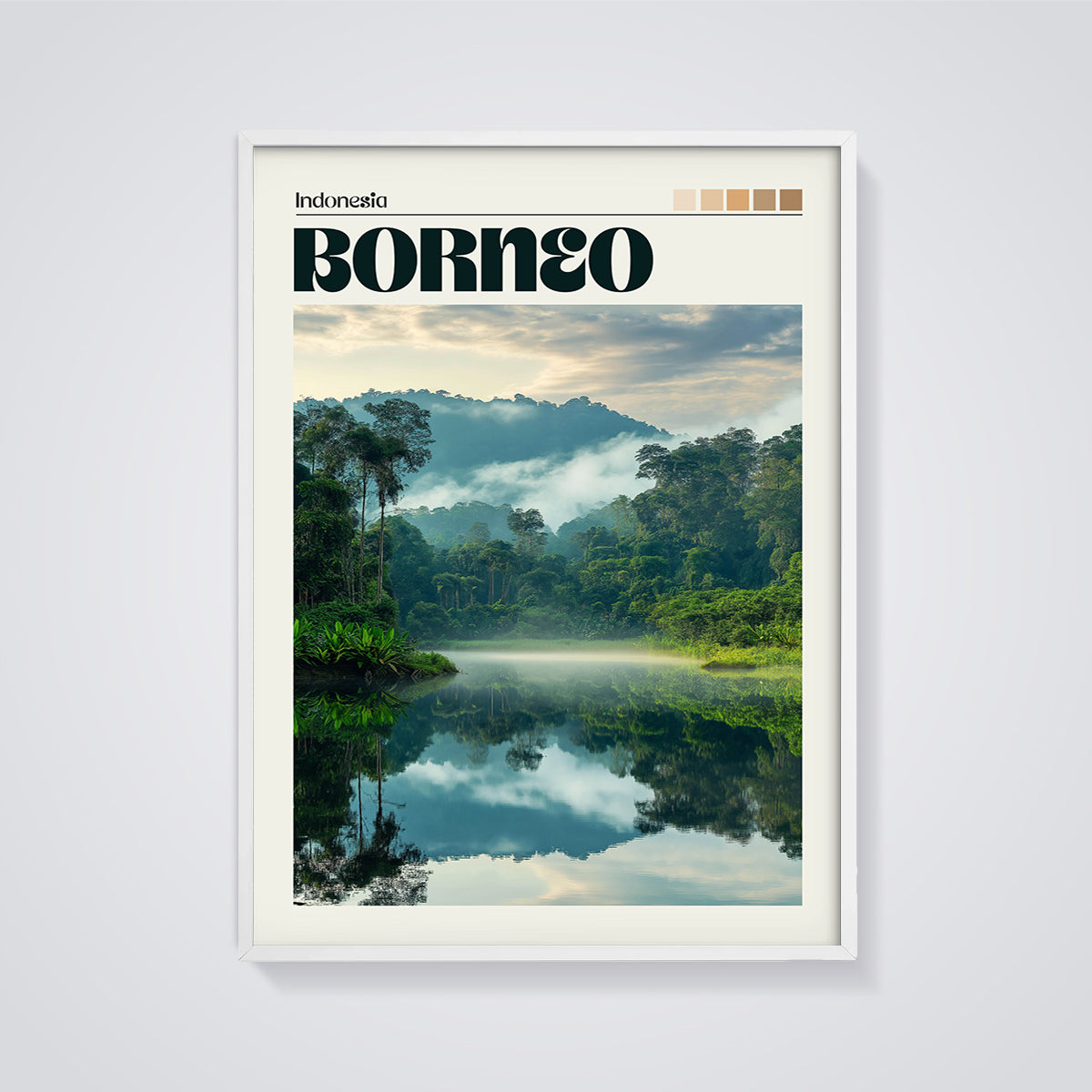 Borneo Misty Jungle Lake Print framed in white on a grey background