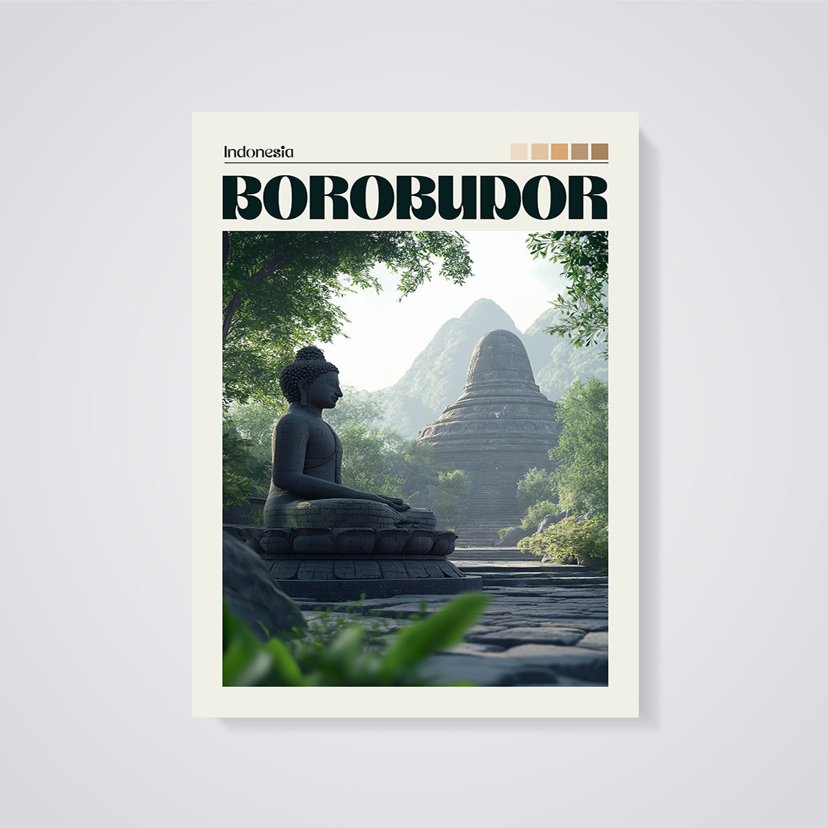 Borobudur Buddha Stupa Print unframed on a grey background
