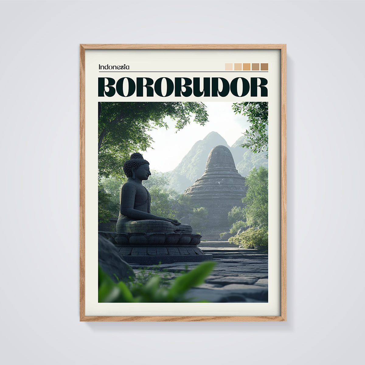 Borobudur Buddha Stupa Print framed in oak on a grey background