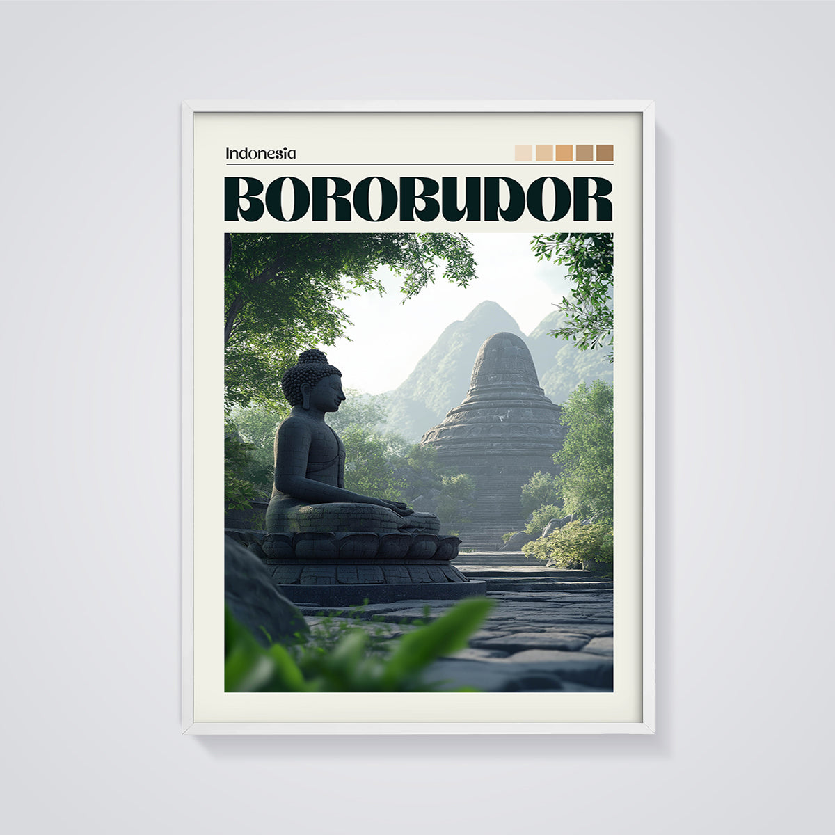 Borobudur Buddha Stupa Print framed in white on a grey background