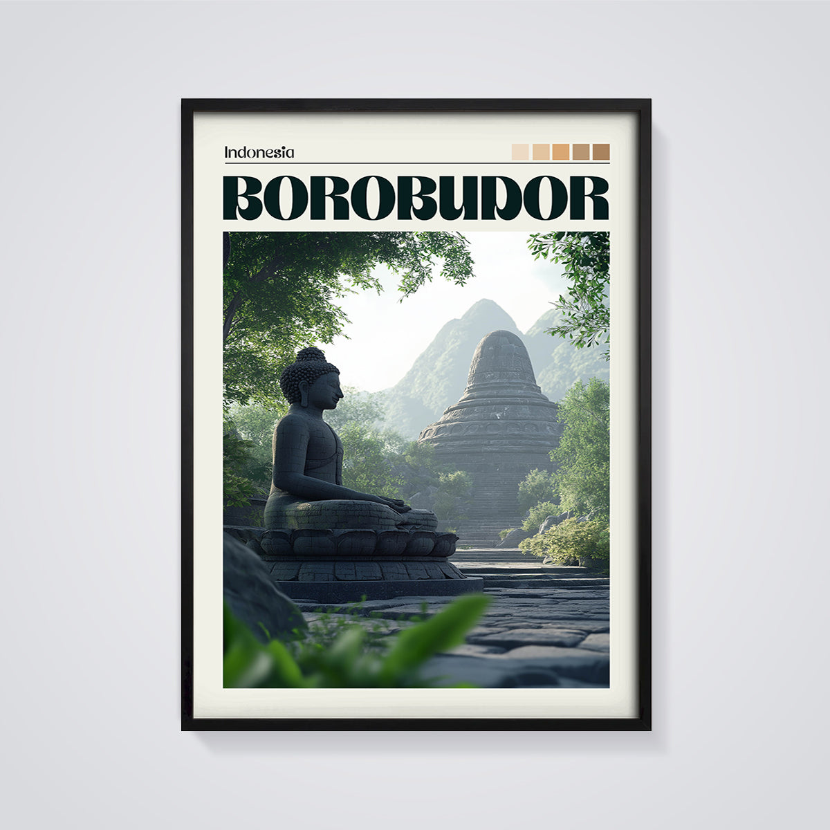 Borobudur Buddha Stupa Print framed in black on a grey background