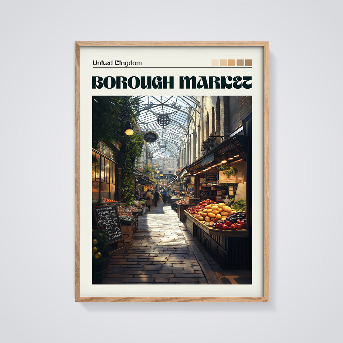 Borough Market London Print framed in oak on a grey background