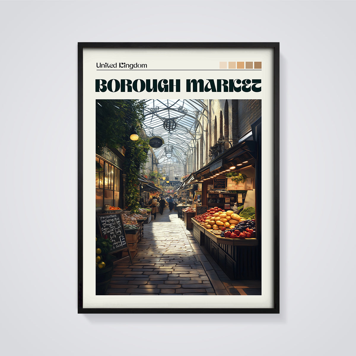 Borough Market London Print framed in black on a grey background