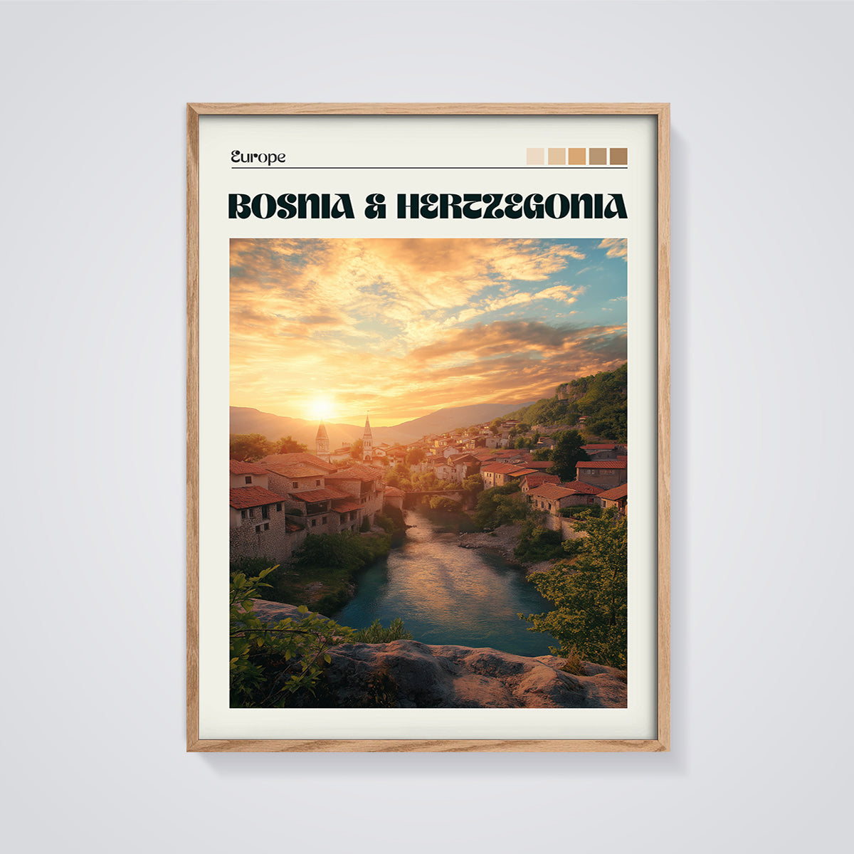 Bosnia & Herzegovina Golden Hour Print framed in oak on a grey background