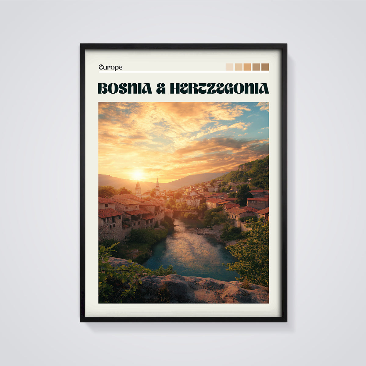 Bosnia & Herzegovina Golden Hour Print framed in black on a grey background