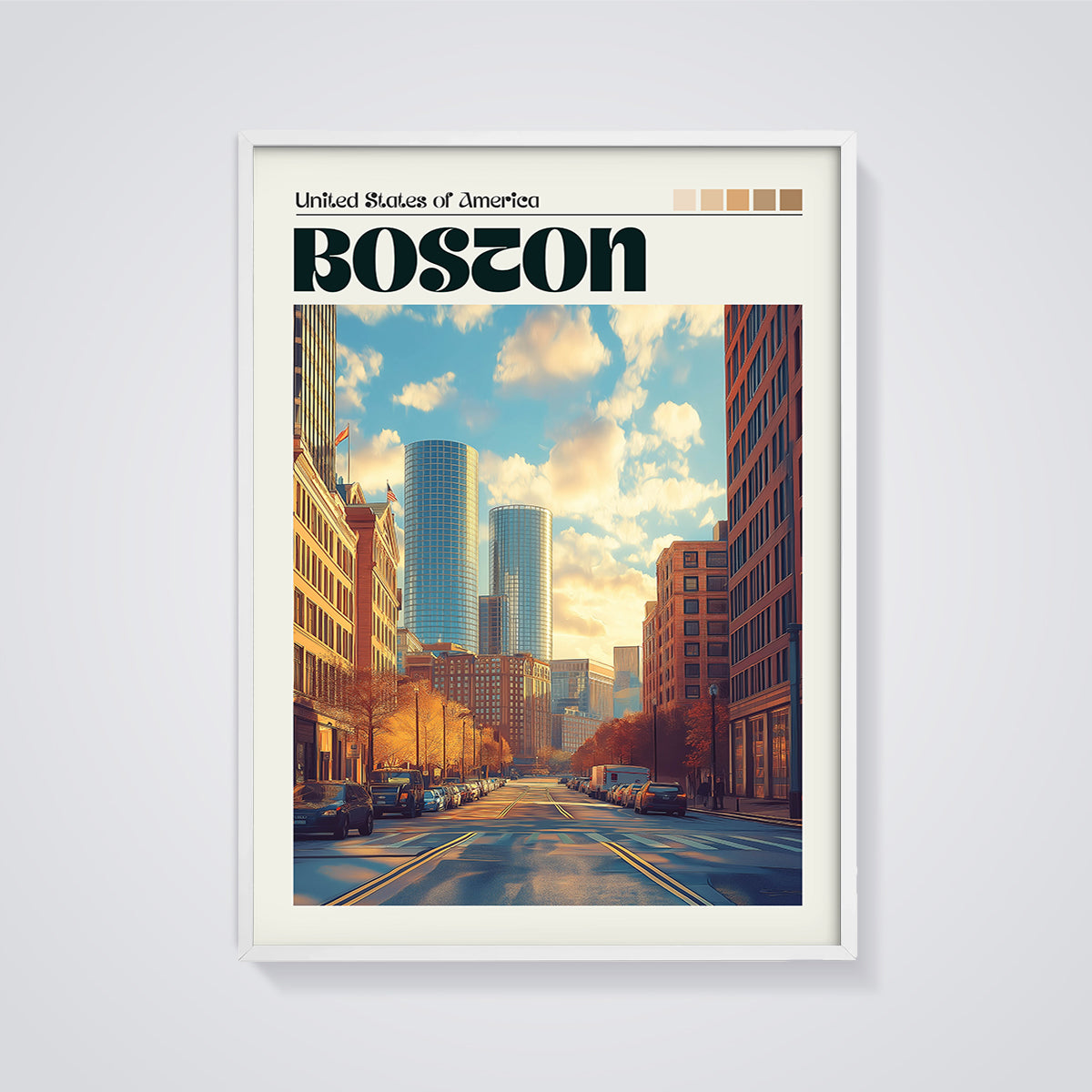 Boston Cityscape Print framed in white on a grey background
