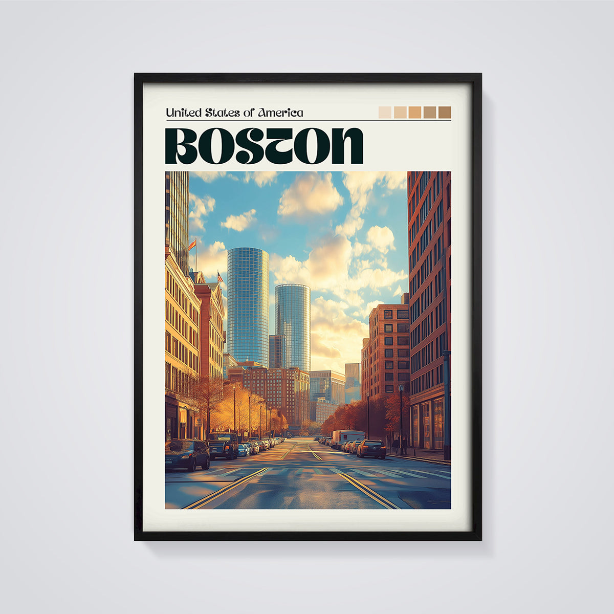 Boston Cityscape Print framed in black on a grey background