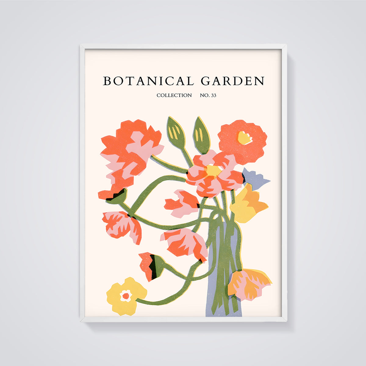 Botanical Garden Bouquet Print framed in white on a grey background