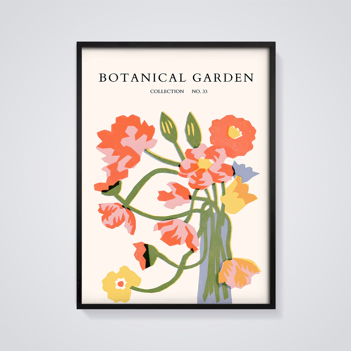 Botanical Garden Bouquet Print framed in black on a grey background
