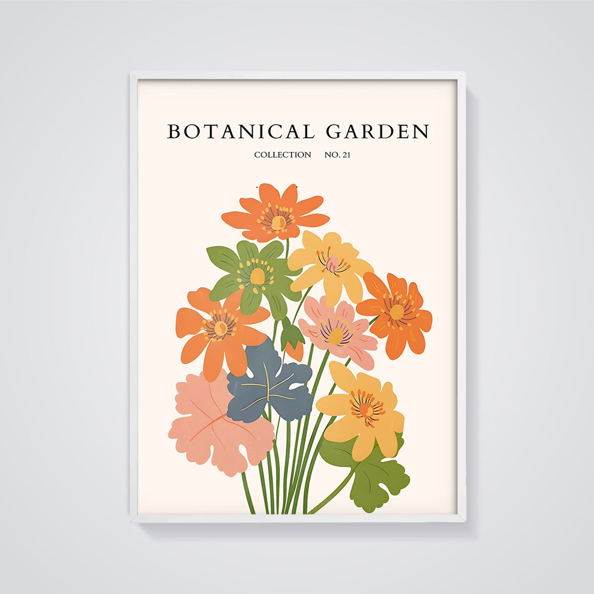Botanical Garden Floral Print framed in white on a grey background