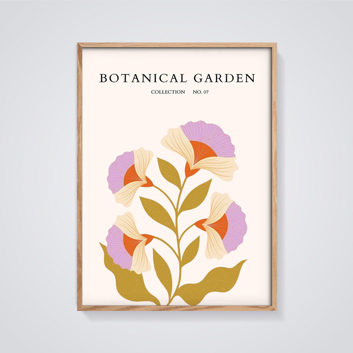 Botanical Garden Floral Print Aesthetic framed in oak on a grey background
