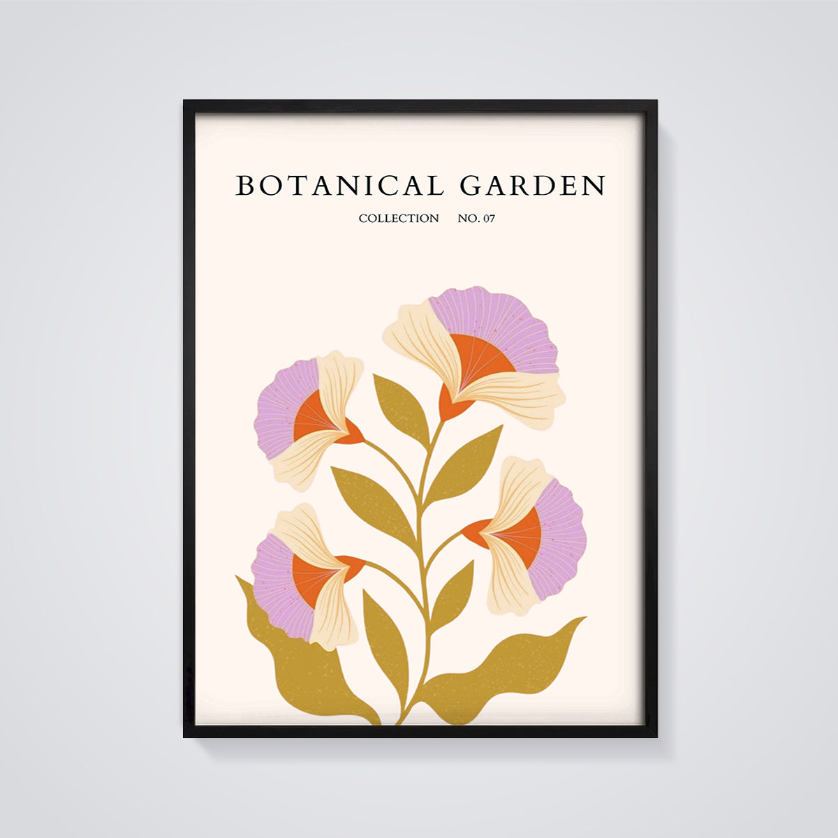Botanical Garden Floral Print Aesthetic framed in black on a grey background