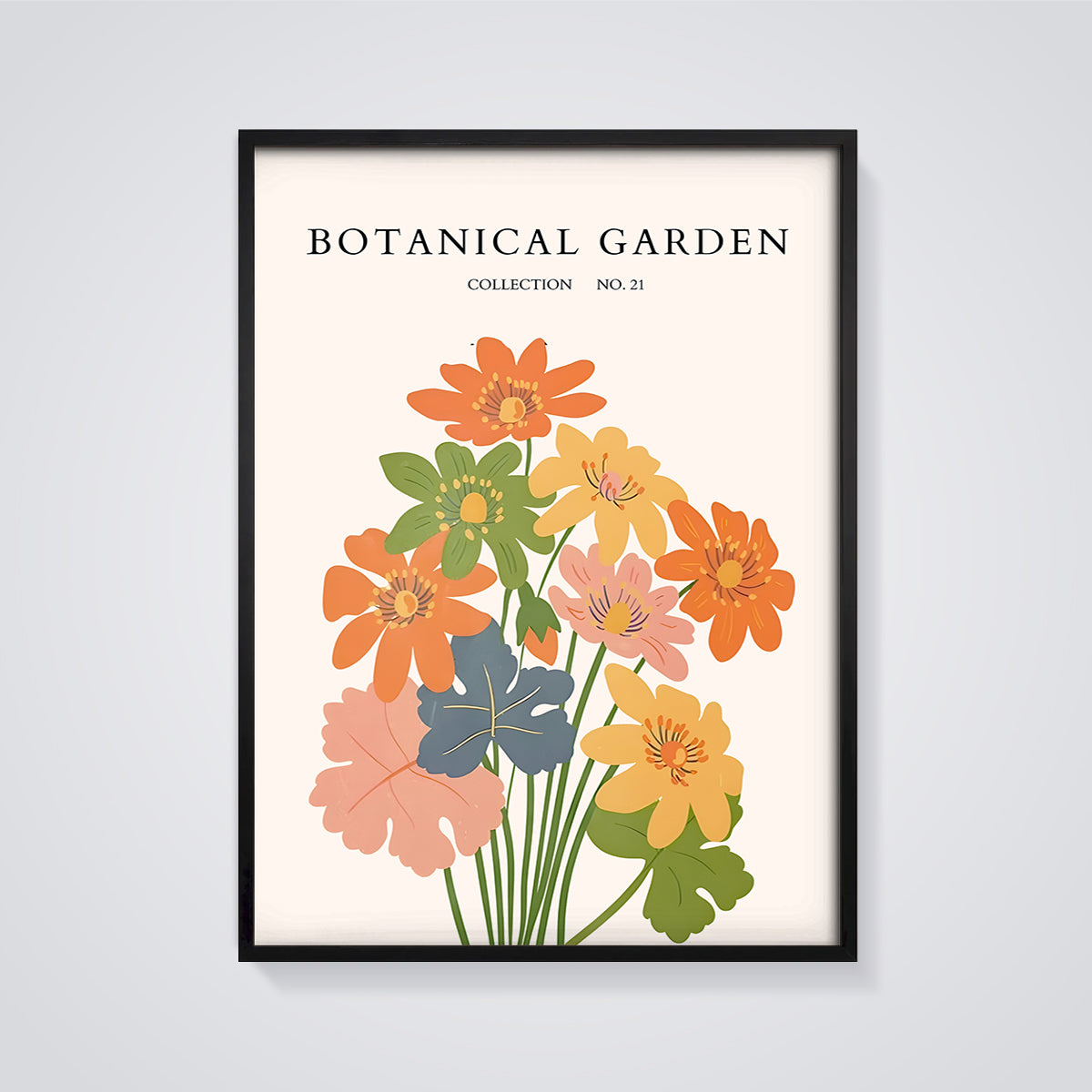 Botanical Garden Floral Print framed in black on a grey background