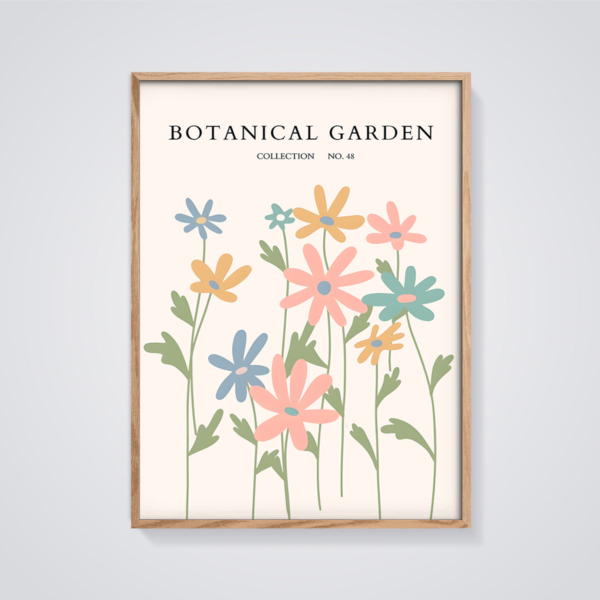 Botanical Garden Flower Collection Print framed in oak on a grey background