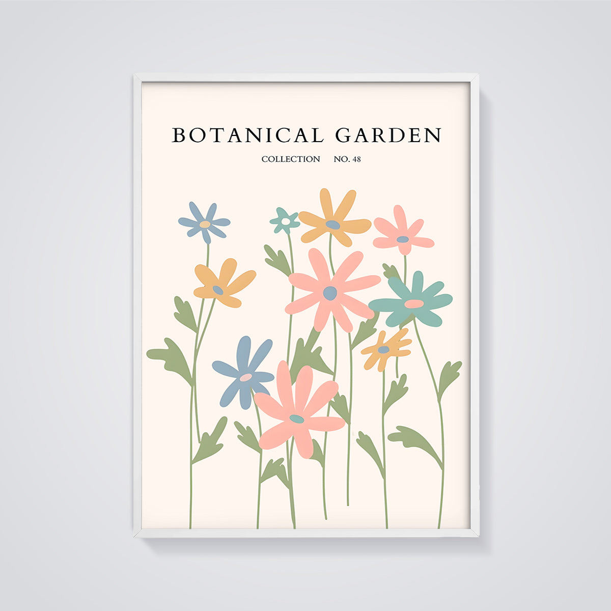 Botanical Garden Flower Collection Print framed in white on a grey background