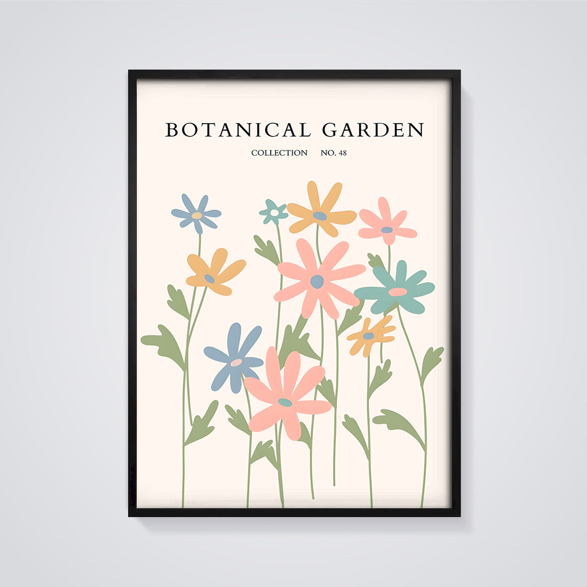Botanical Garden Flower Collection Print framed in black on a grey background