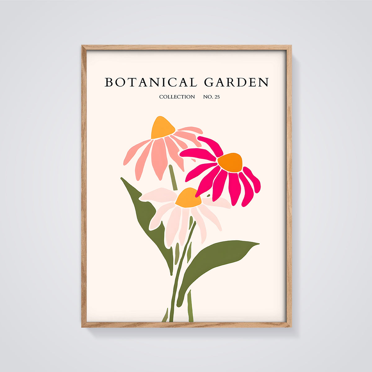 Botanical Garden Flowers Print framed in oak on a grey background