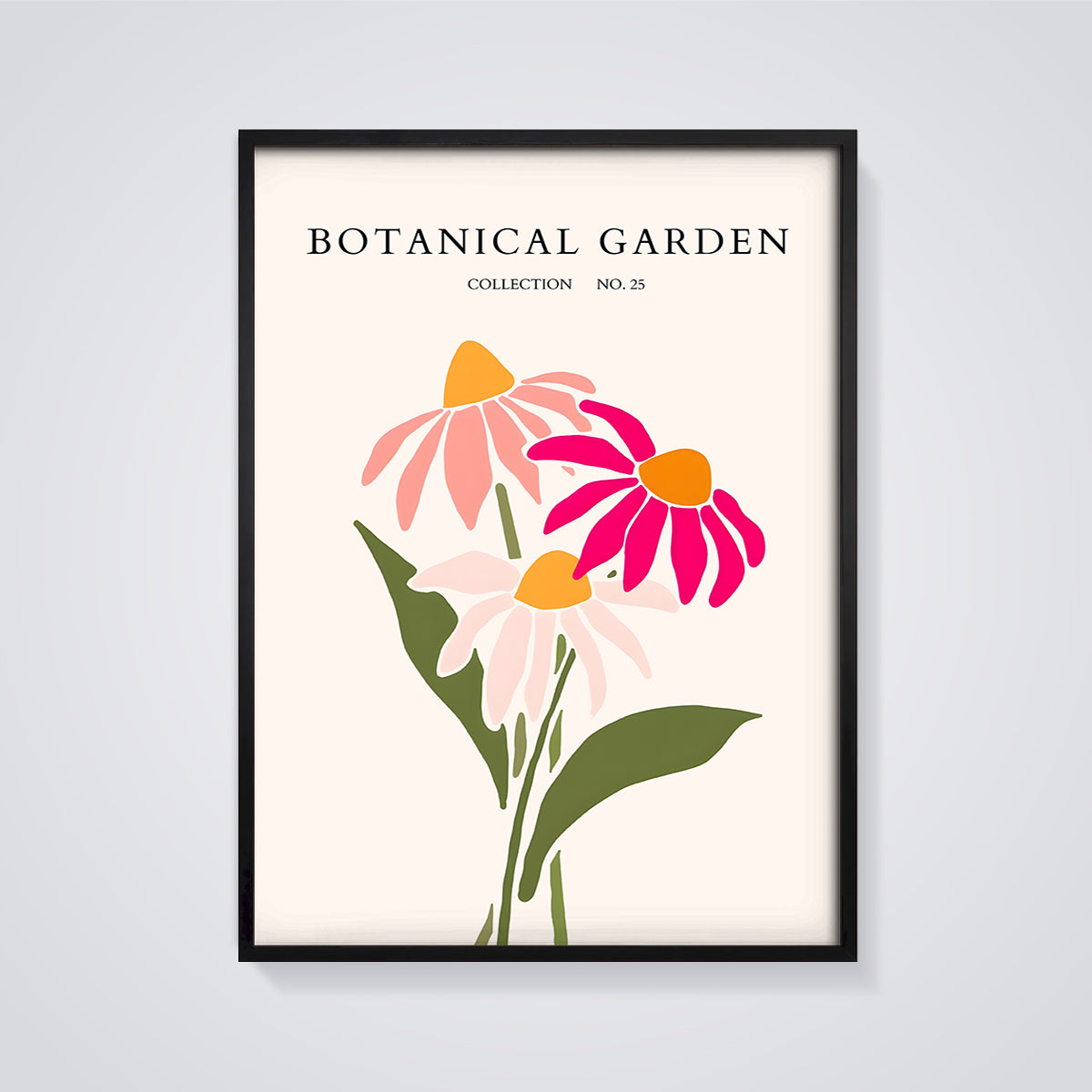 Botanical Garden Flowers Print framed in black on a grey background