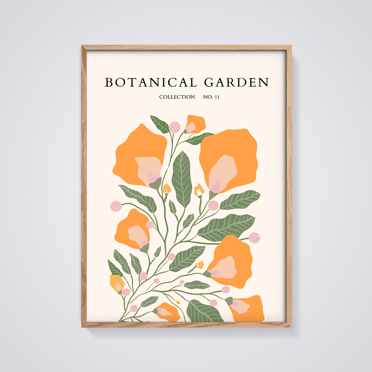 Botanical Garden No. 11 Print framed in oak on a grey background
