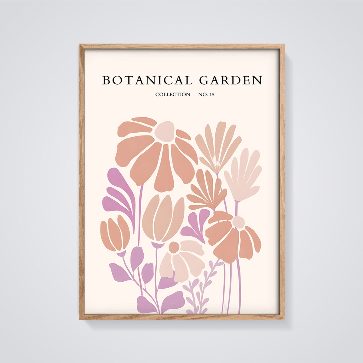 Botanical Garden No. 15 Floral Art Print framed in oak on a grey background