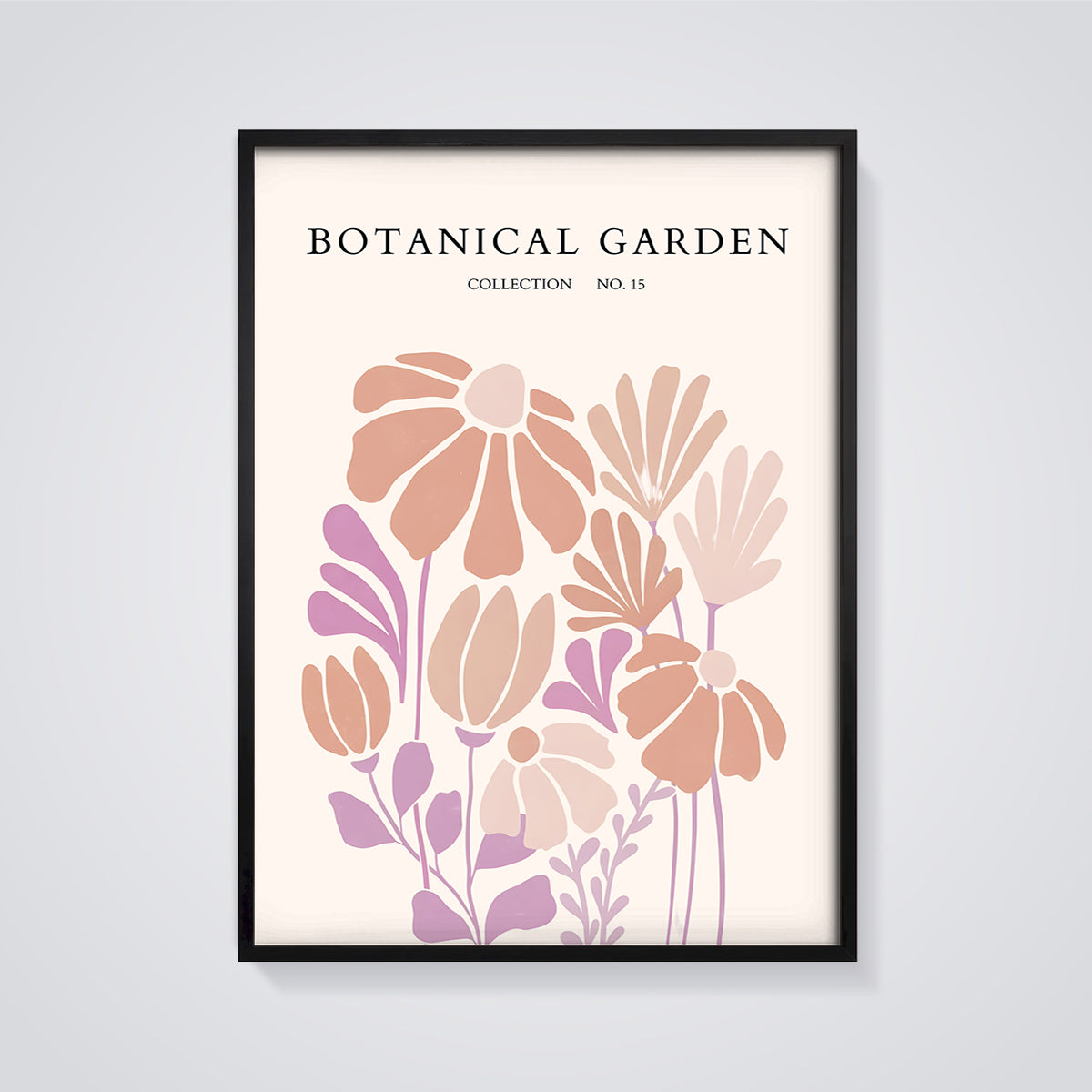 Botanical Garden No. 15 Floral Art Print framed in black on a grey background