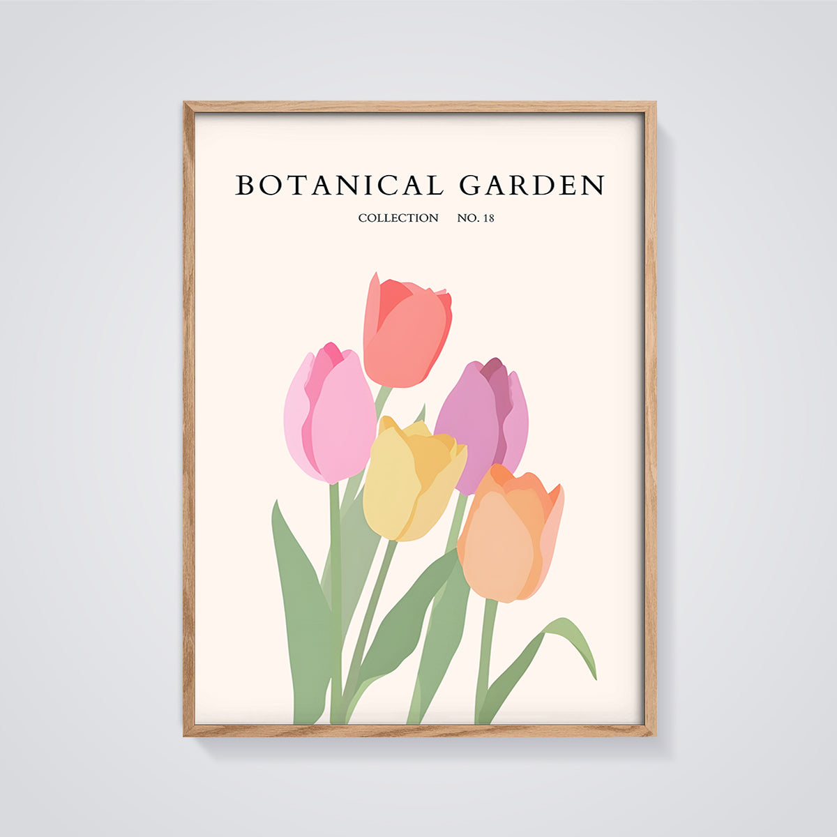 Botanical Garden No. 18 Tulips Print framed in oak on a grey background