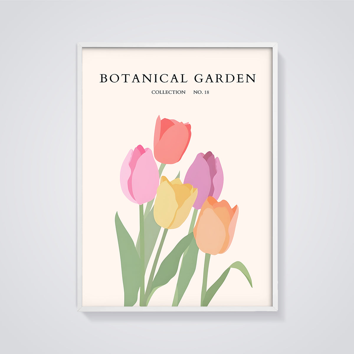 Botanical Garden No. 18 Tulips Print framed in white on a grey background