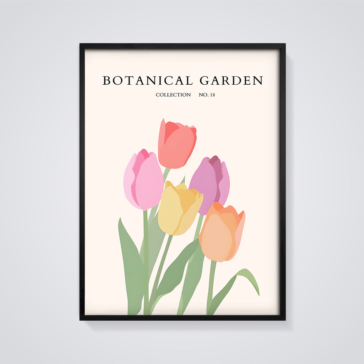 Botanical Garden No. 18 Tulips Print framed in black on a grey background