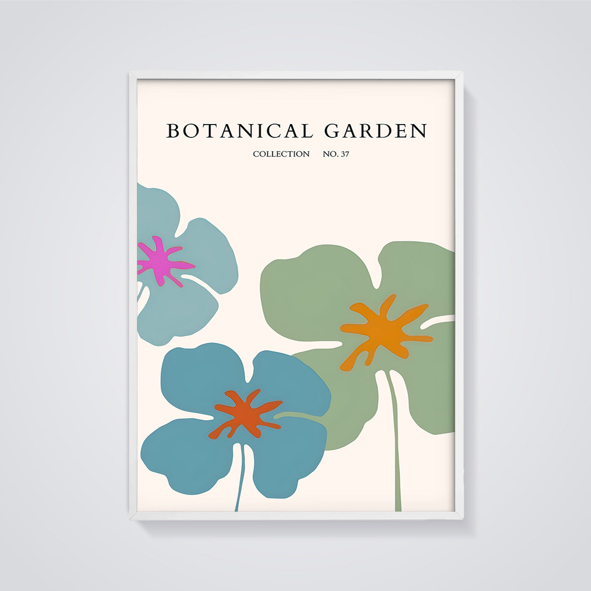 Botanical Garden No. 37 Floral Print framed in white on a grey background