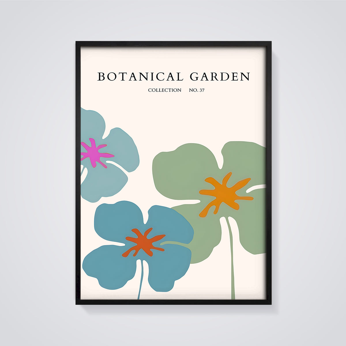 Botanical Garden No. 37 Floral Print framed in black on a grey background