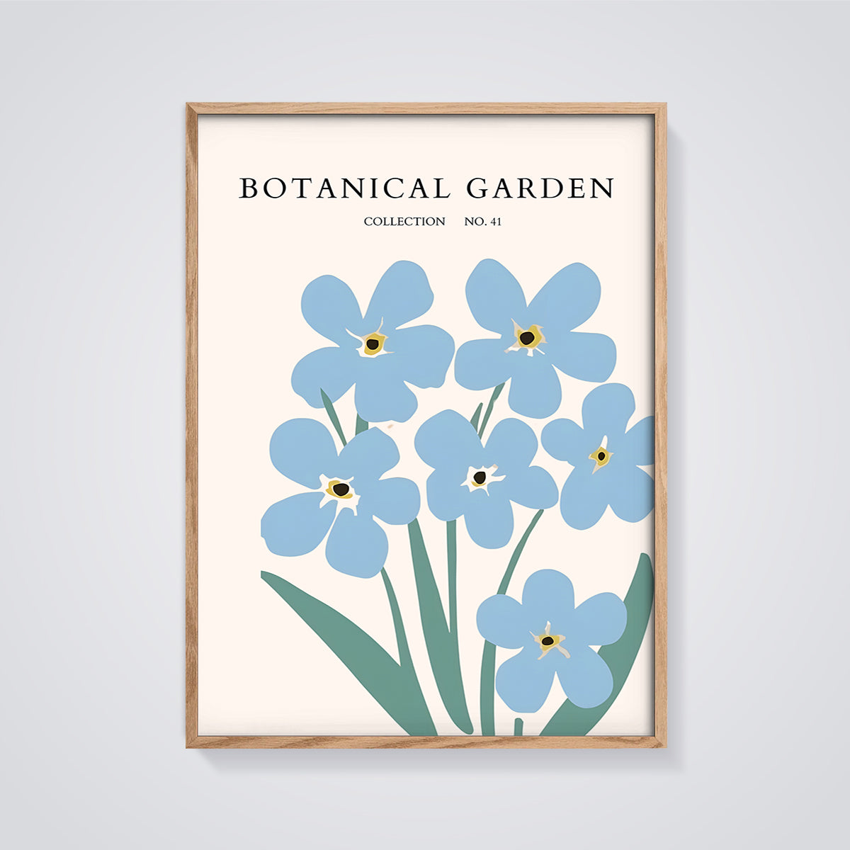 Botanical Garden No. 41 Blue Flowers Print framed in oak on a grey background