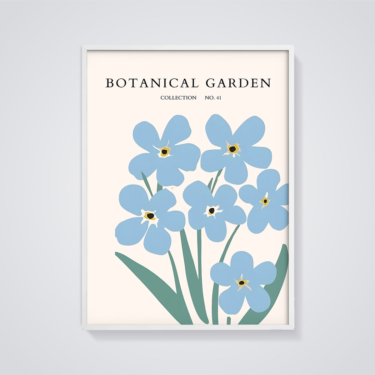 Botanical Garden No. 41 Blue Flowers Print framed in white on a grey background
